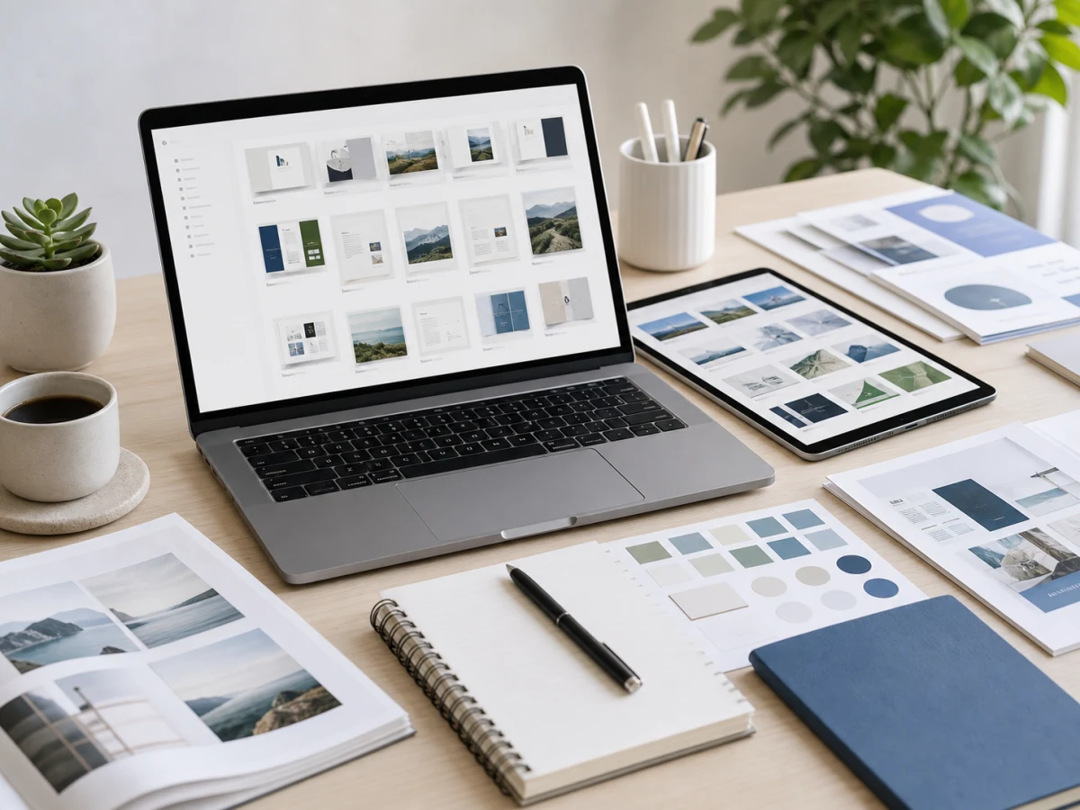 Organized digital resources displayed across a laptop, tablet, and printed materials on a bright workspace desk.